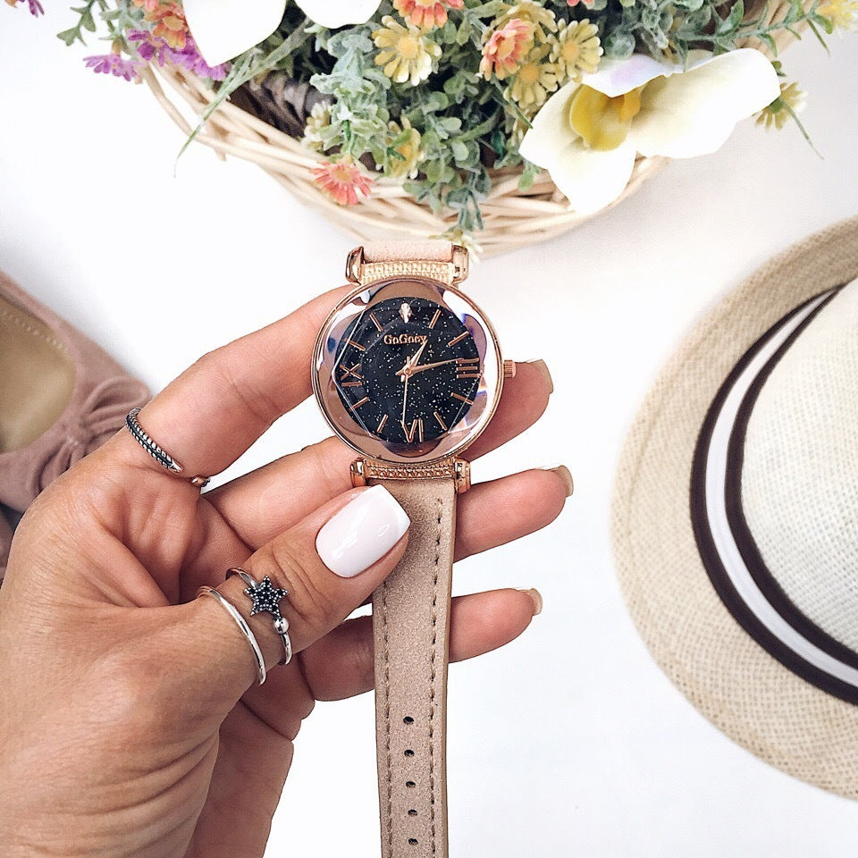 ✨Montre Femme Élégante Quartz – Cadran Étoilé Noir & Or Rose✨