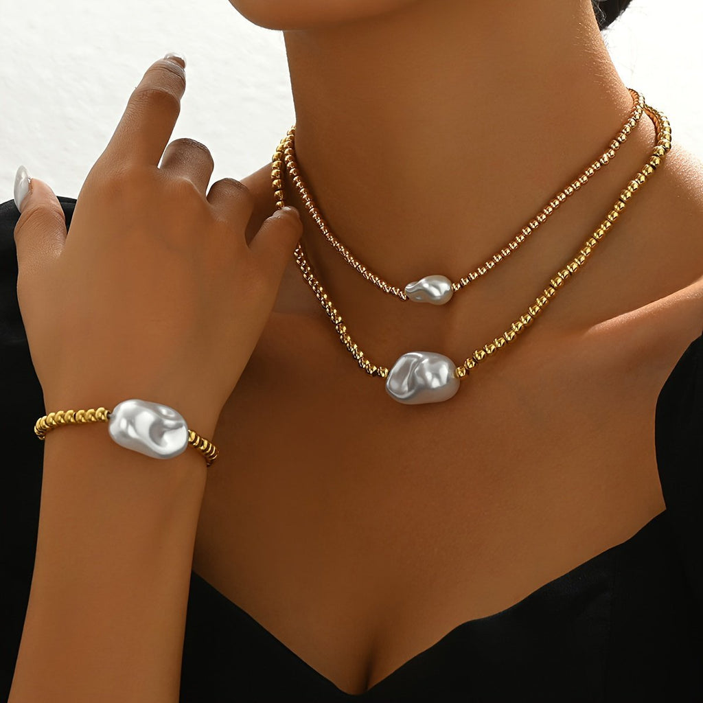 ✨Collier & Bracelet Superposés Dorés – Bijoux Faits Main Élégants avec Perle – Set 2 Pièces Luxe Léger✨