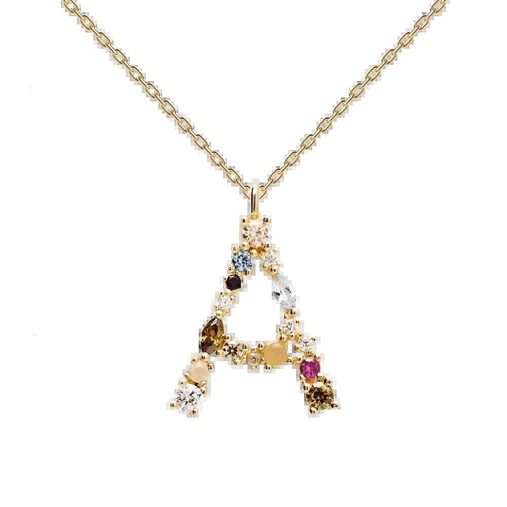 ✨ Collier Lettre Initiale Femme – Argent 925 Plaqué Or avec Cristaux Colorés