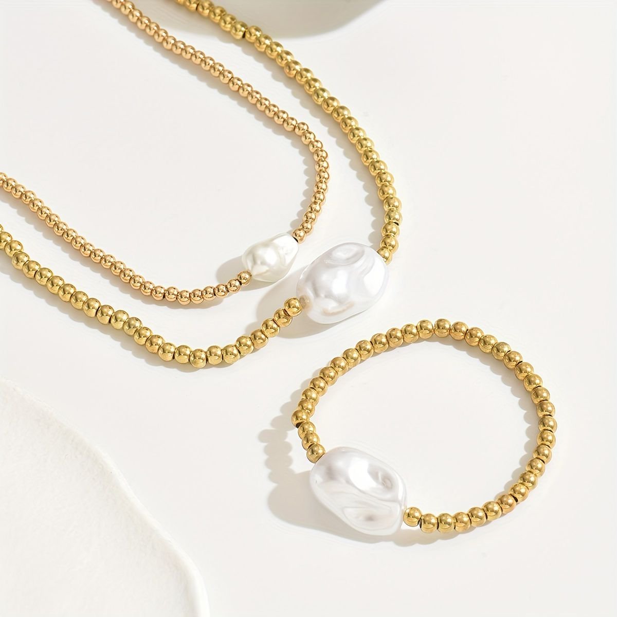 ✨Collier & Bracelet Superposés Dorés – Bijoux Faits Main Élégants avec Perle – Set 2 Pièces Luxe Léger✨
