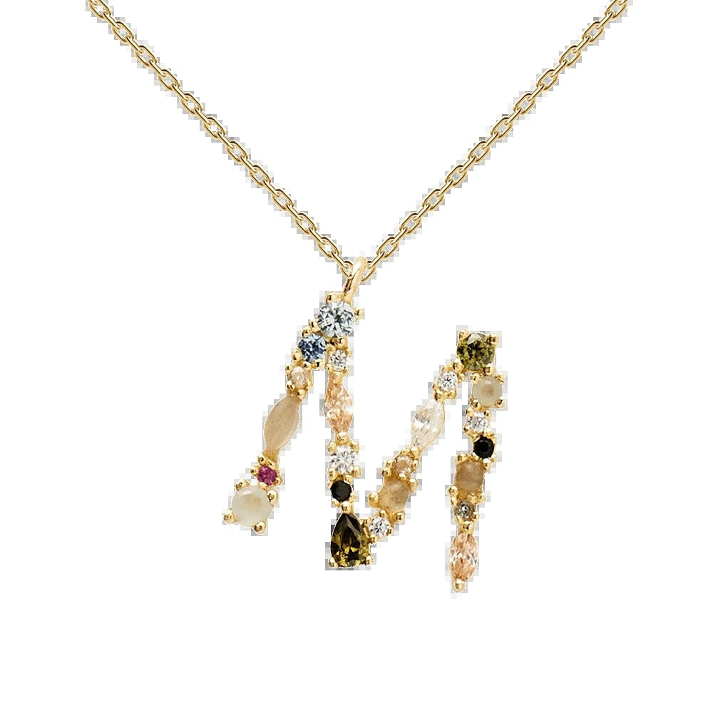✨ Collier Lettre Initiale Femme – Argent 925 Plaqué Or avec Cristaux Colorés