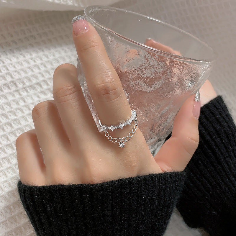 ✨Bague Femme Double Chaîne Argent 925 – Design Étoiles & Lune✨