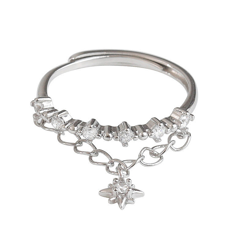 ✨Bague Femme Double Chaîne Argent 925 – Design Étoiles & Lune✨