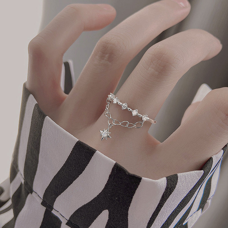 ✨Bague Femme Double Chaîne Argent 925 – Design Étoiles & Lune✨