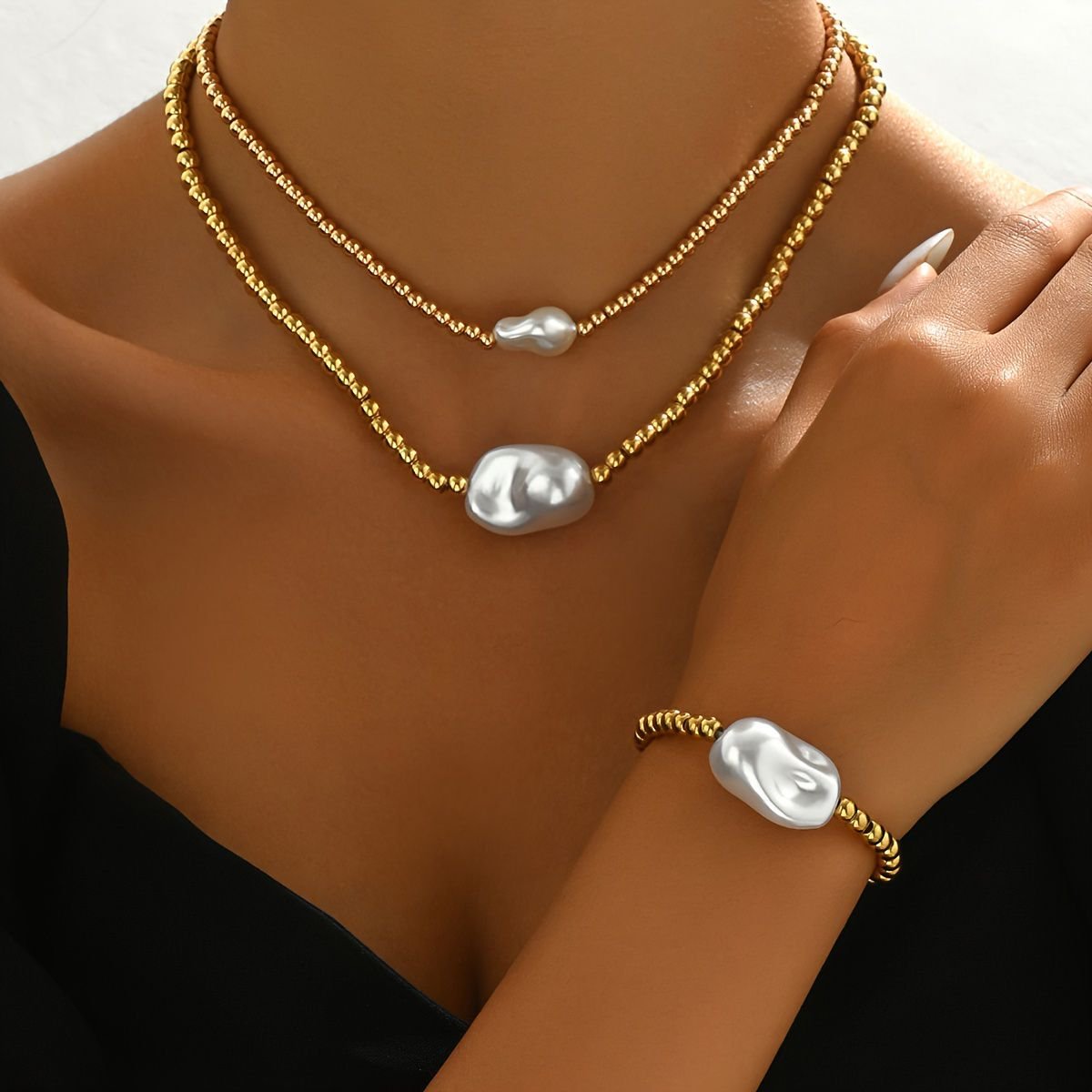 ✨Collier & Bracelet Superposés Dorés – Bijoux Faits Main Élégants avec Perle – Set 2 Pièces Luxe Léger✨