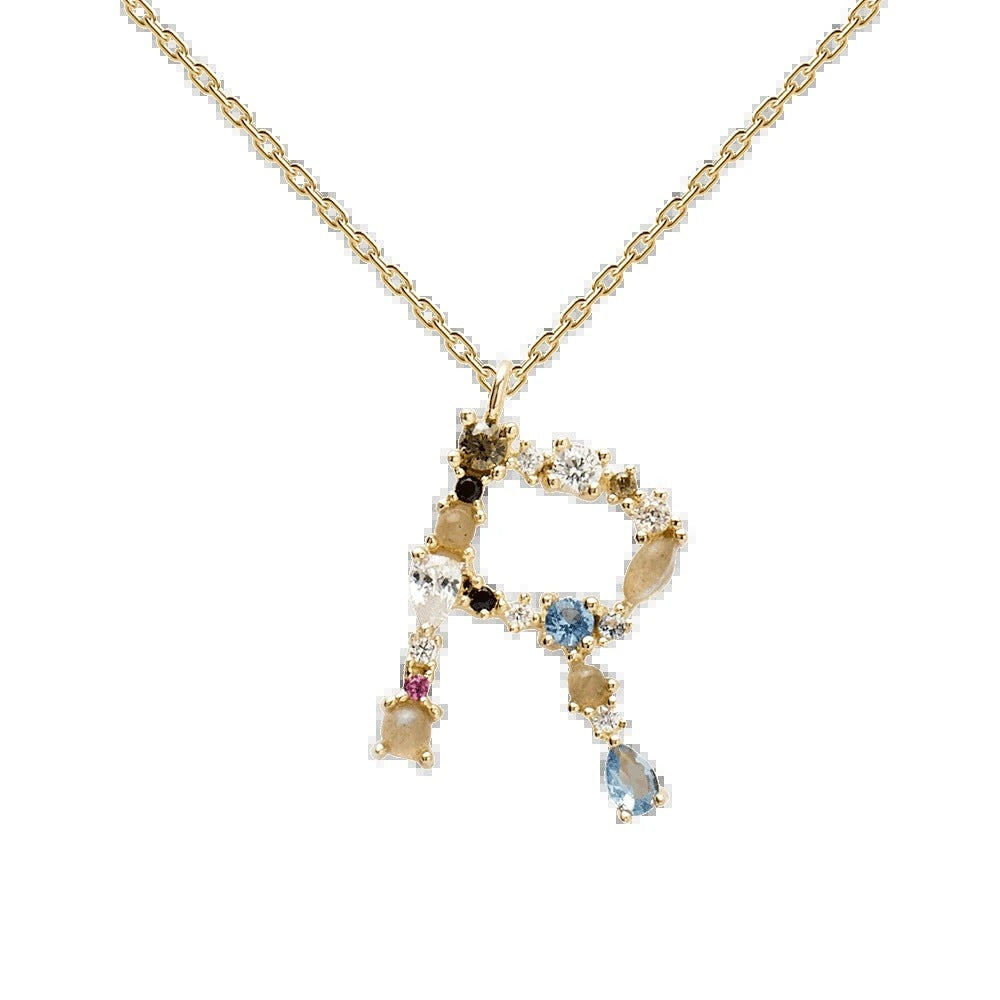 ✨ Collier Lettre Initiale Femme – Argent 925 Plaqué Or avec Cristaux Colorés