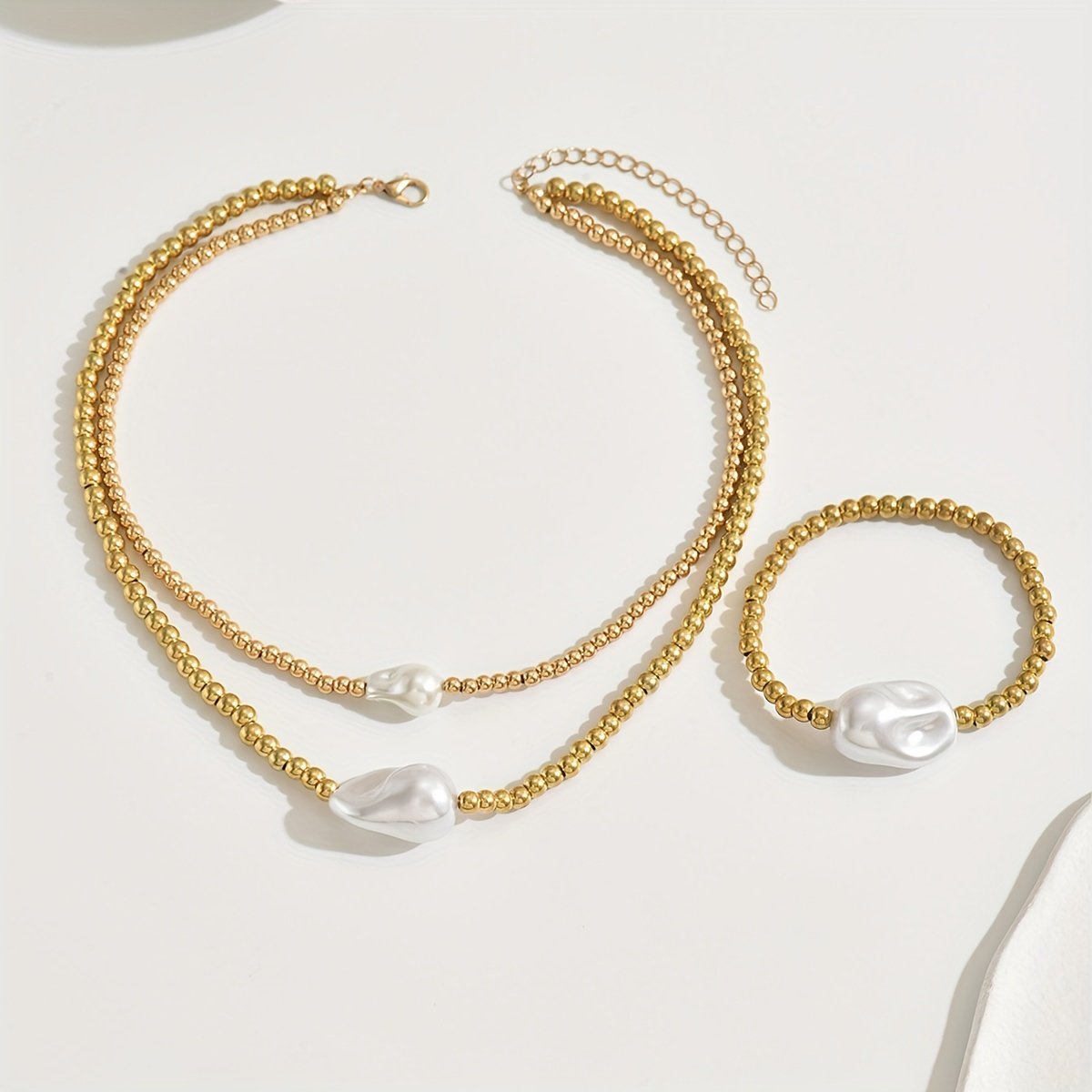 ✨Collier & Bracelet Superposés Dorés – Bijoux Faits Main Élégants avec Perle – Set 2 Pièces Luxe Léger✨