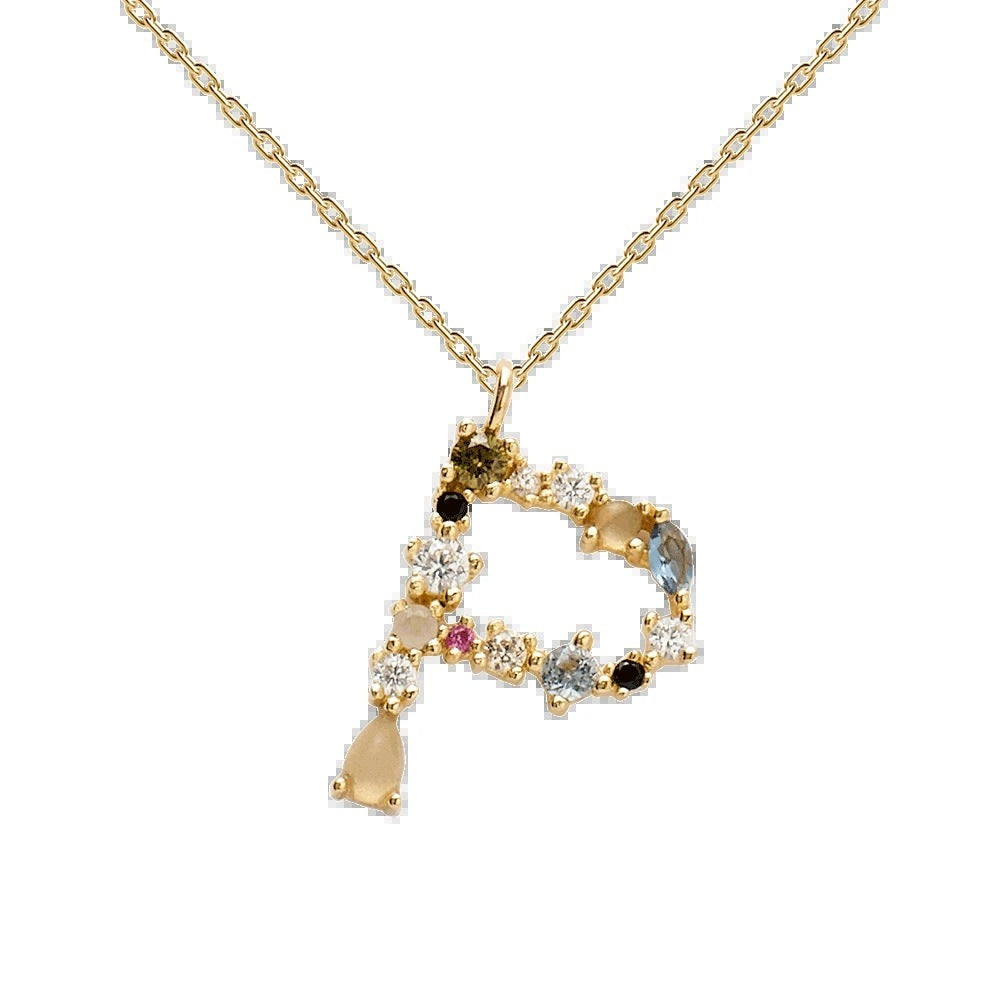 ✨ Collier Lettre Initiale Femme – Argent 925 Plaqué Or avec Cristaux Colorés